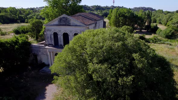 beautiful church building in the hills of the south of France, Montpellier. (drone shot).