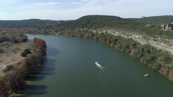 This video is about an aerial view of Lake Austin on a sunny day in Austin Texas. This video was fil