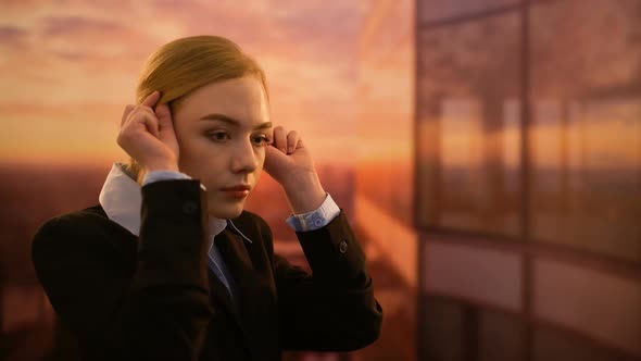 Lady Boss Standing on Terrace of Business Center, Confident in Project Success