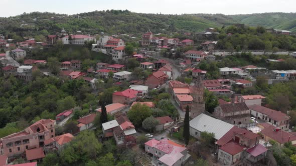 Aerial view of beautiful city of love Sighnaghi. Georgia 2019 spring