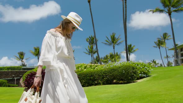 Slow Motion Smiling Woman Walking By Tropical Island on Sunny Summer Day RED 6K