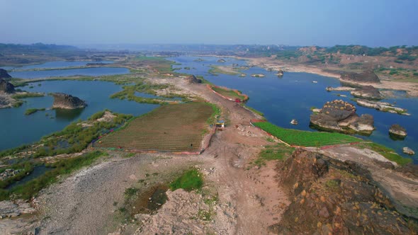 Aerial rotating shot of reduced level of river Narmada water in Vadodara, Gujrat, India. Beautiful s