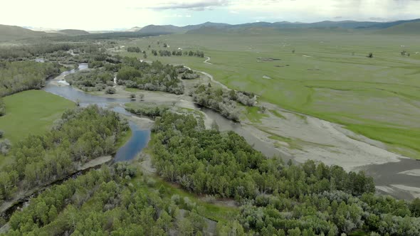 Trees, Forest and Vast Meadow in The Big River in Wide Valley of Asia Geography