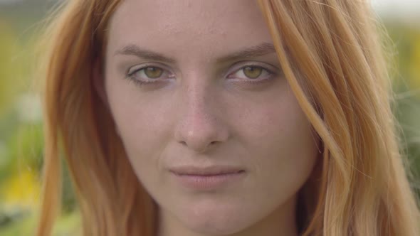 Close-up Portrait of Confident Sensual Girl with Red Hair and Green Eyes Standing on Sunflower Field