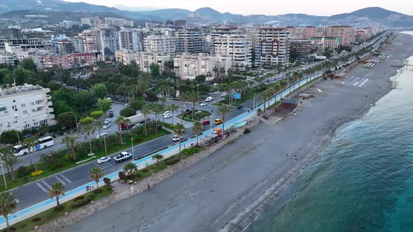 Traffic on the Beach aerial view 4 K Turkey Alanya