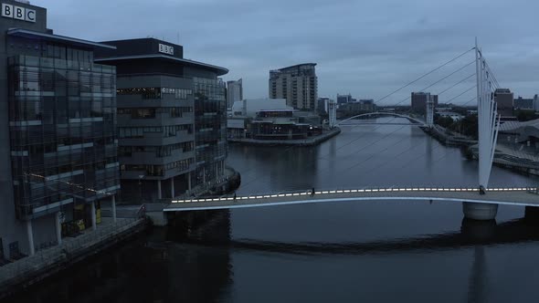 Aerial View of the Media City UK is on the Banks of the Manchester at Dusk