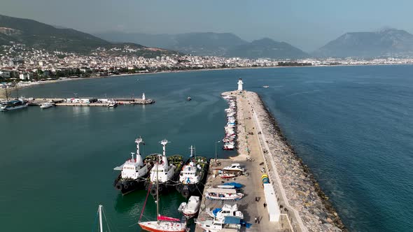 Ship tractor in the port Aerial view 4 K