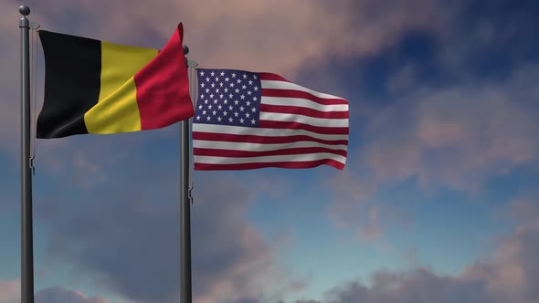 Belgium Flag Waving Along With The National Flag Of The USA - 4K