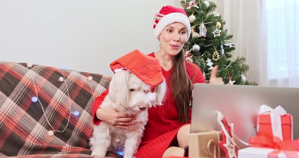 Woman in Santa Claus Hat and Small Dog Communicates with Loved Ones Online Through Laptop. Girl