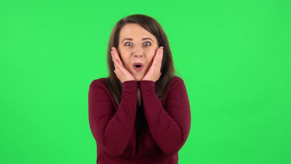 Portrait of Pretty Girl with Wow Facial Expression. Green Screen