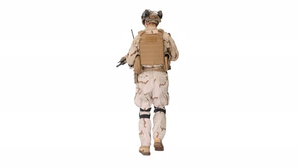 US Army Ranger in Combat Uniform Walking on White Background.