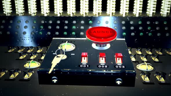 A retro launch control center with red 'Launch' button on the console.