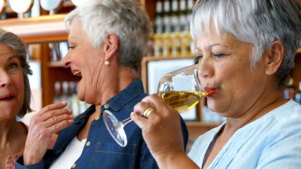 Senior whispering in her friends ear while having wine 4k