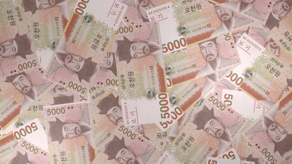 5000 South Korean won bills background. Many banknotes.