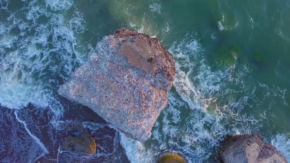 Aerial birdseye view of abandoned seaside fortification buildings at Karosta Northern Forts on the b