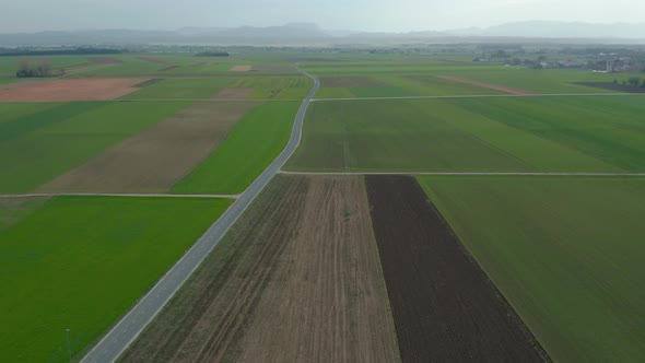 Aerial view of green farmland in Slovenia