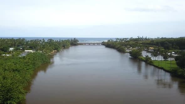 Aerial view along river approaching estuary and sea, Kauai, Hawaii