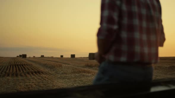 Farmer Look Haystack Wheat Field After Harvesting at Sunset