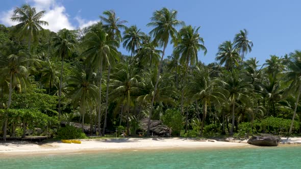 White sandy beach with coconut palm trees. Koh Kood, Thailand. PAN RIGHT TO LEFT