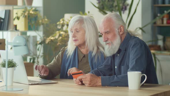 Happy Elderly Couple Shopping Online From Home Using Computer and Credit Card