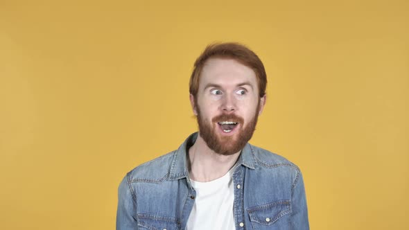 Crazy Happy Redhead Man Having Fun Yellow Background