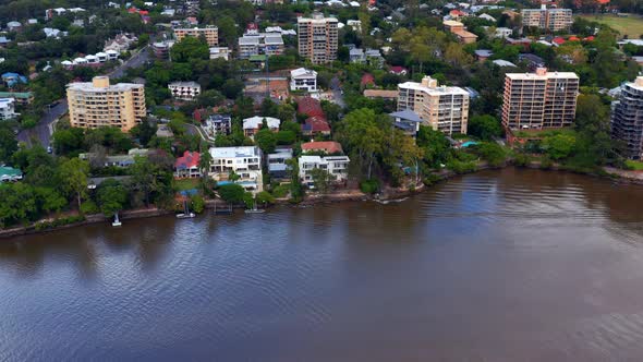 Aerial View Of Coastal City Of Brisbane Rivershore In Queensland, Australia.