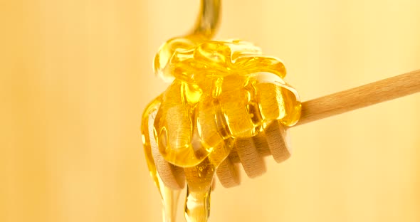 Liquid Organic Honey Dripping on a Honey Dipper from Above on a Light Background