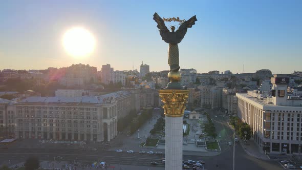 Monument in the Center of Kyiv, Ukraine. Maidan. Aerial View