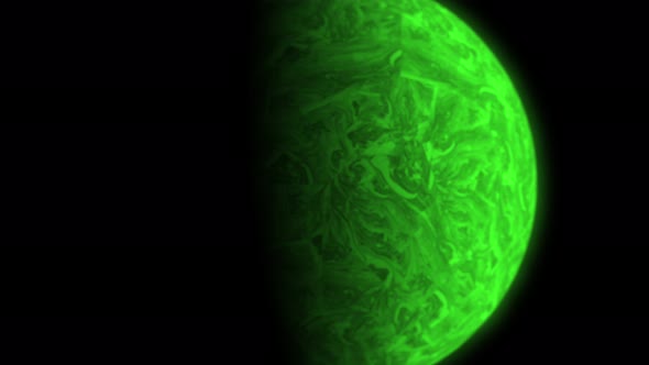 Close up of rotating neon  green exoplanet in distant space, CGI, universe