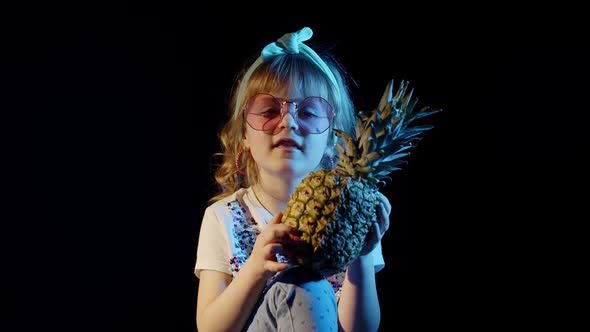 Trendy Stylish Girl with Pineapple Telling Something Waving Bye Winking at Disco Party Club