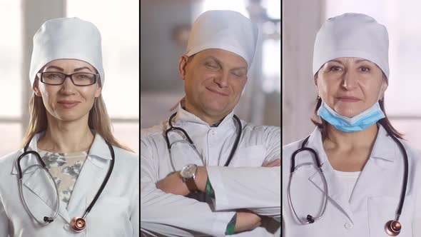 Portrait of a smiling doctor looking at camera. Collage. Professional doctor in uniform with a steth