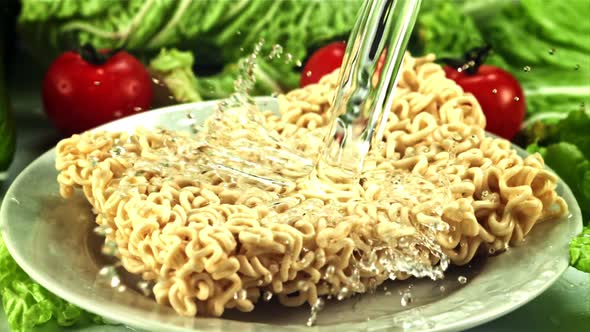 A Jet of Water Falls on the Dry Noodles in the Plate