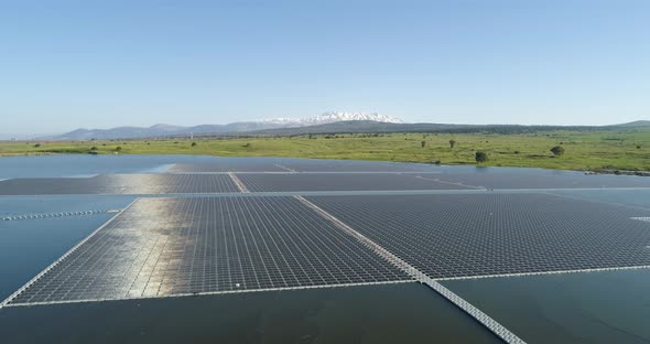 Aerial view of solar panels in Orvim Eliyon Reservoir, Golan Heights, Israel.
