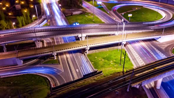 Freeway Intersection Traffic Trails in Night Moscow