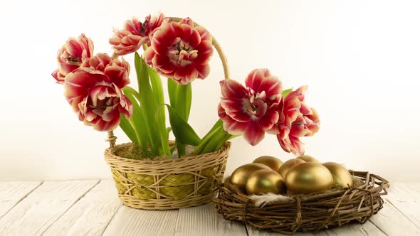 Beautiful Bouquet of Red Tulips Flowers in a Basket and with Easter Golden Eggs in the Nest
