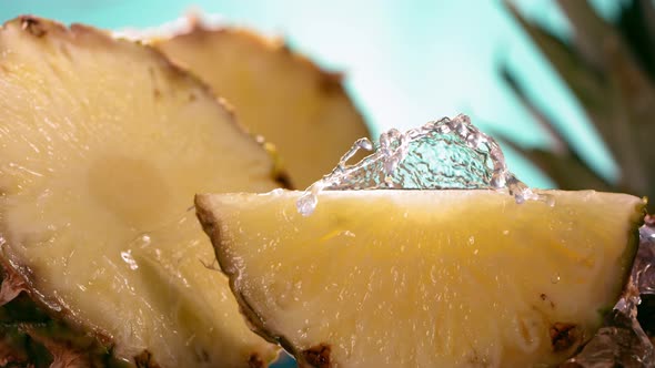 Slow Motion Shot of Pineapple and Water Splashing Through Pineapple Slices