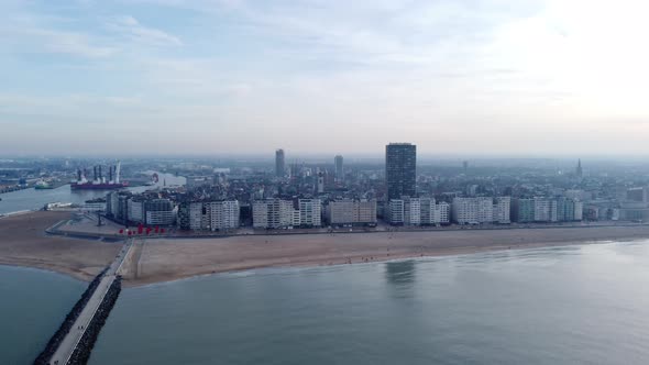 Aerial Dolly In of Ostend City by the North Sea in Belgium.
