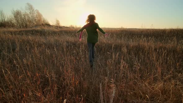 Autumn Landscape, Woman Traveler Having Fun at Sunrise