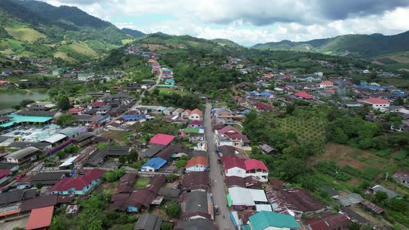 Aerial view from drone of the city of rural village in the mountains