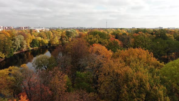 City Park with Lake and Colorful Leaves on Trees in Autumn