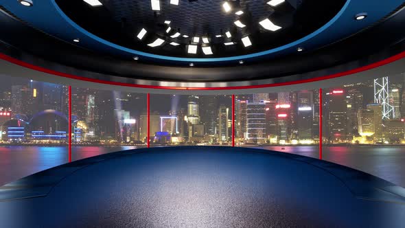 TV News Virtual Studio With Night City Background And Floodlights E