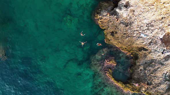 People swim in the azure sea aerial view 4 K Turkey Alanya