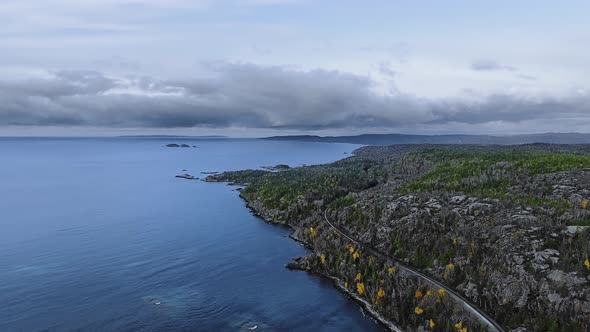 Drone flies over Lake Superior, Alona Bay, Great Lakes, Ontario, Canada