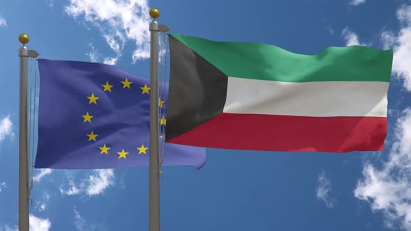 European Union Flag Vs Kuwait Flag On Flagpole