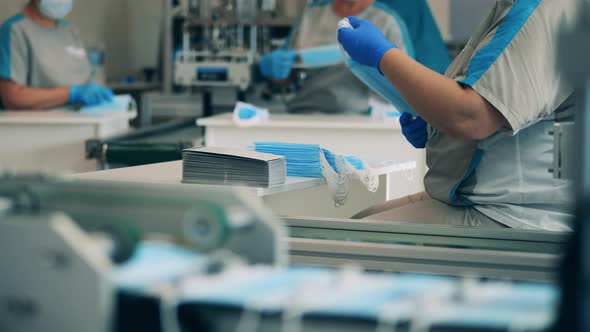 Face Masks Being Picked Up From a Conveyor and Stacked on the Table. Covid-19 Medical Protection