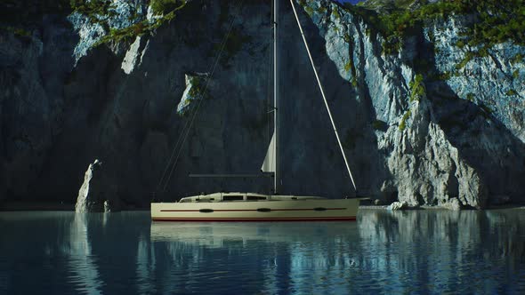 White Yacht Anchored in a Bay with Rocky Cliffs