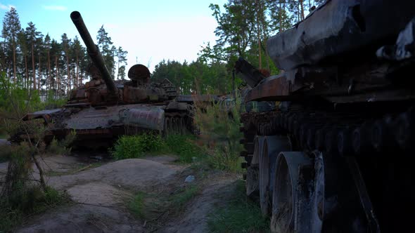 Destroyed Burnt Down Tank of Enemy in Ukraine Outdoors