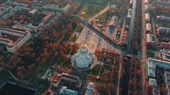 Aerial View of the Sea Capital of Russia Kronstadt at Sunset the Golden Dome of the Huge Main Naval