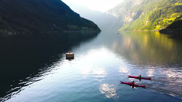 Panoramic drone landscape of Geiranger fjords, Geirangerfjord, Norway