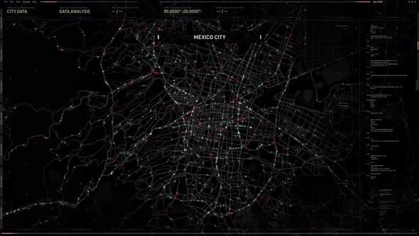 Futuristic spy interface is inspecting the public transportation map in a city alt